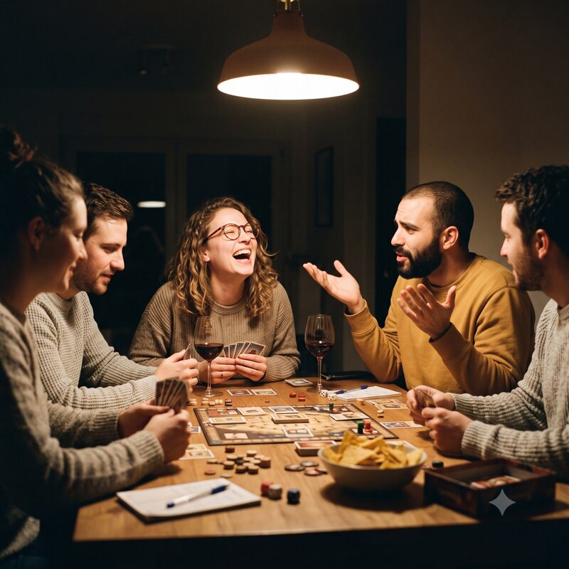 Group game night around a table