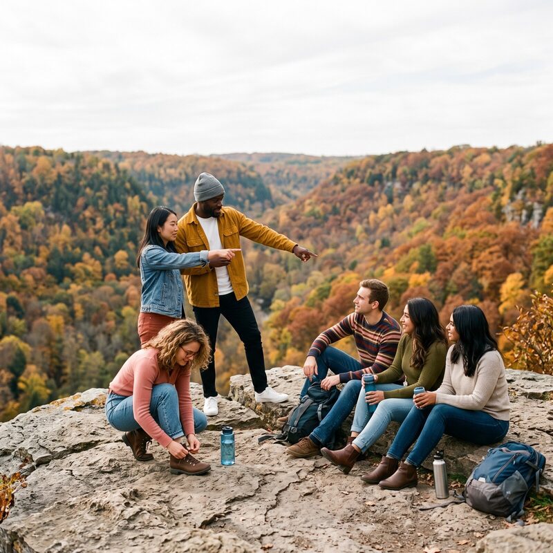Group hiking at a lookout