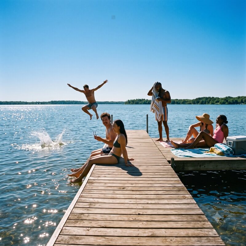 Group lake day off a dock