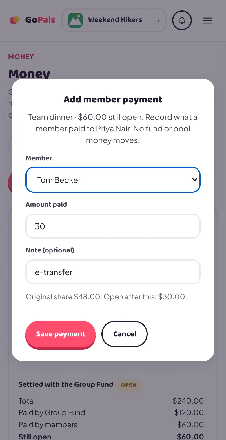 The Add member payment popup for the team dinner, recording $30 from Tom Becker