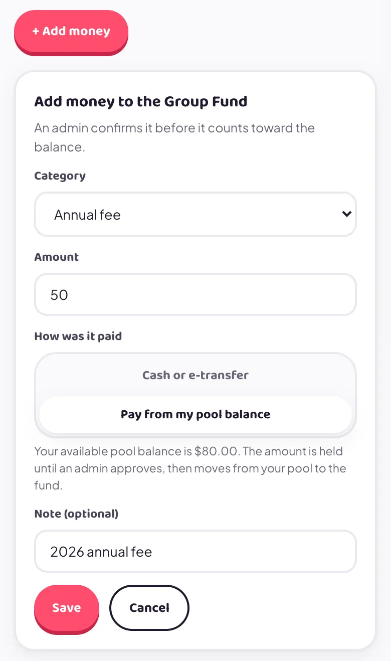 The Add money to the Group Fund form with Annual fee selected, $50, and the Pay from my pool balance option chosen
