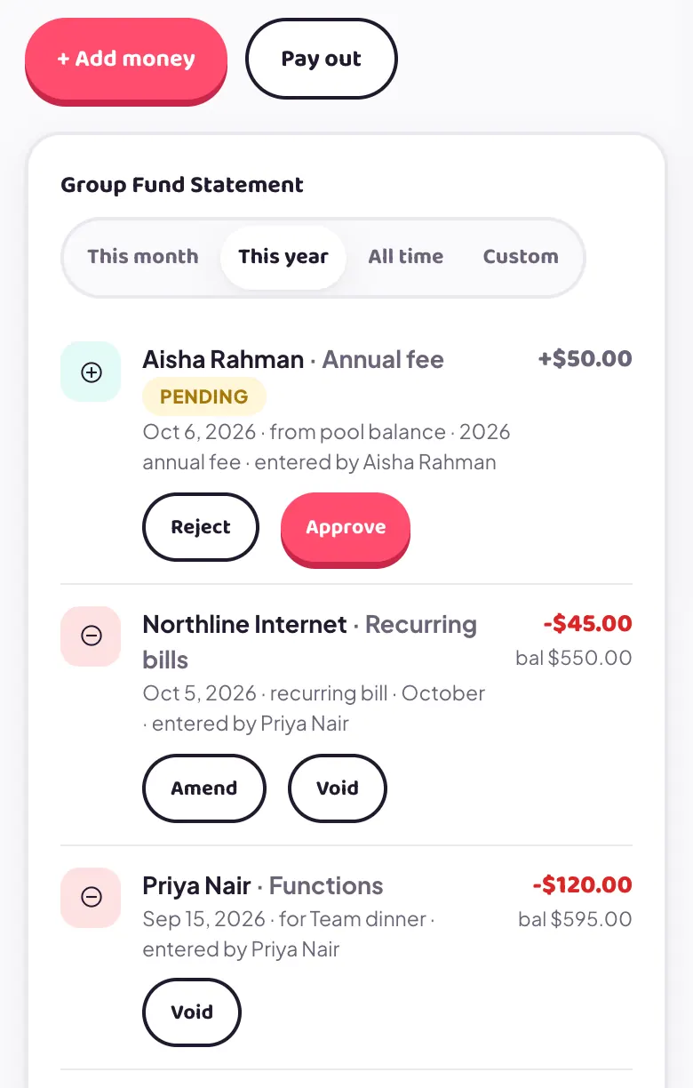 The Group Fund statement with a pending $50.00 annual fee from Aisha Rahman and Reject and Approve buttons