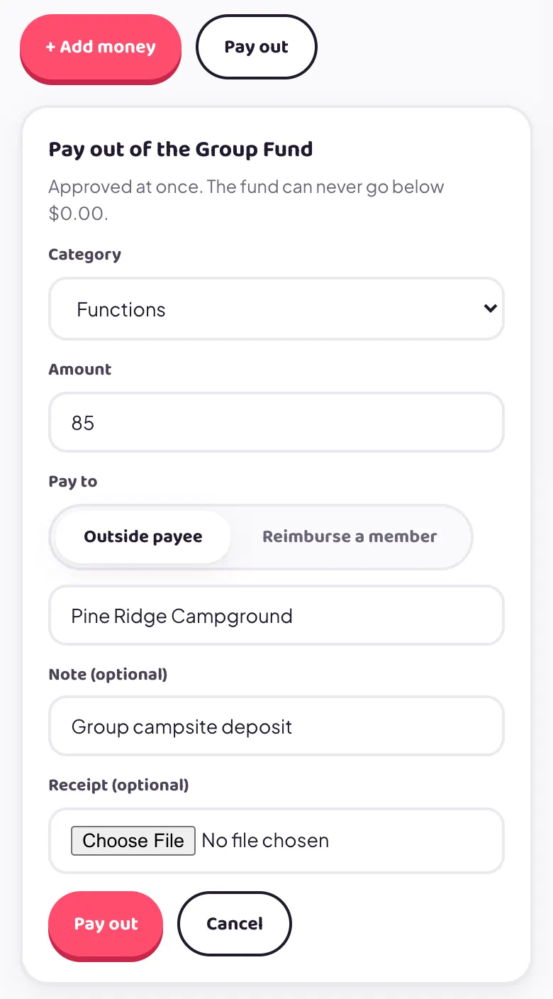 The Pay out of the Group Fund form with category Functions, amount 85, an outside payee, a note and an optional receipt