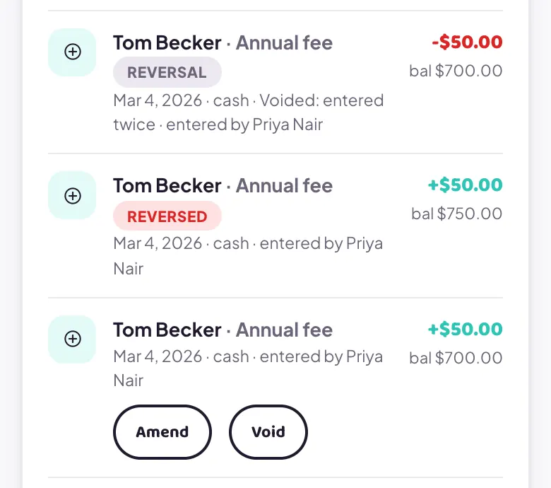 Statement entries where a duplicate annual fee is shown as reversed and a matching minus line, Voided: entered twice