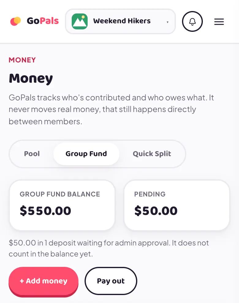 The Group Fund tab on a phone, showing a $550.00 balance, $50.00 pending, and the Add money and Pay out buttons