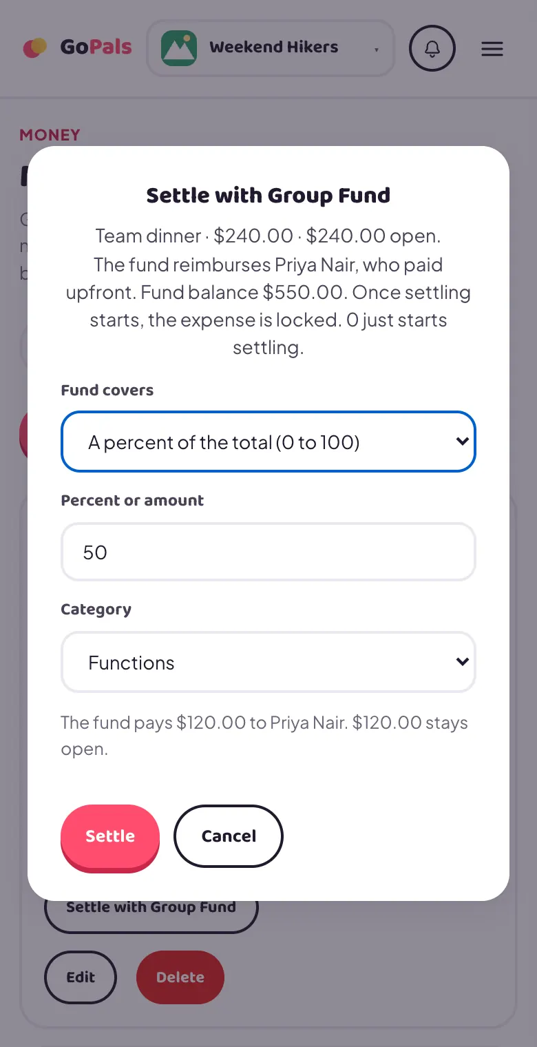 The Settle with Group Fund popup for a $240 team dinner, the fund covering 50 percent, with a preview of $120 paid