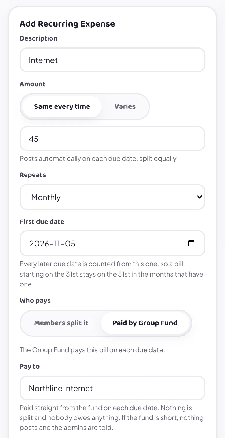 The Add Recurring Expense form with Paid by Group Fund selected and Northline Internet as the payee