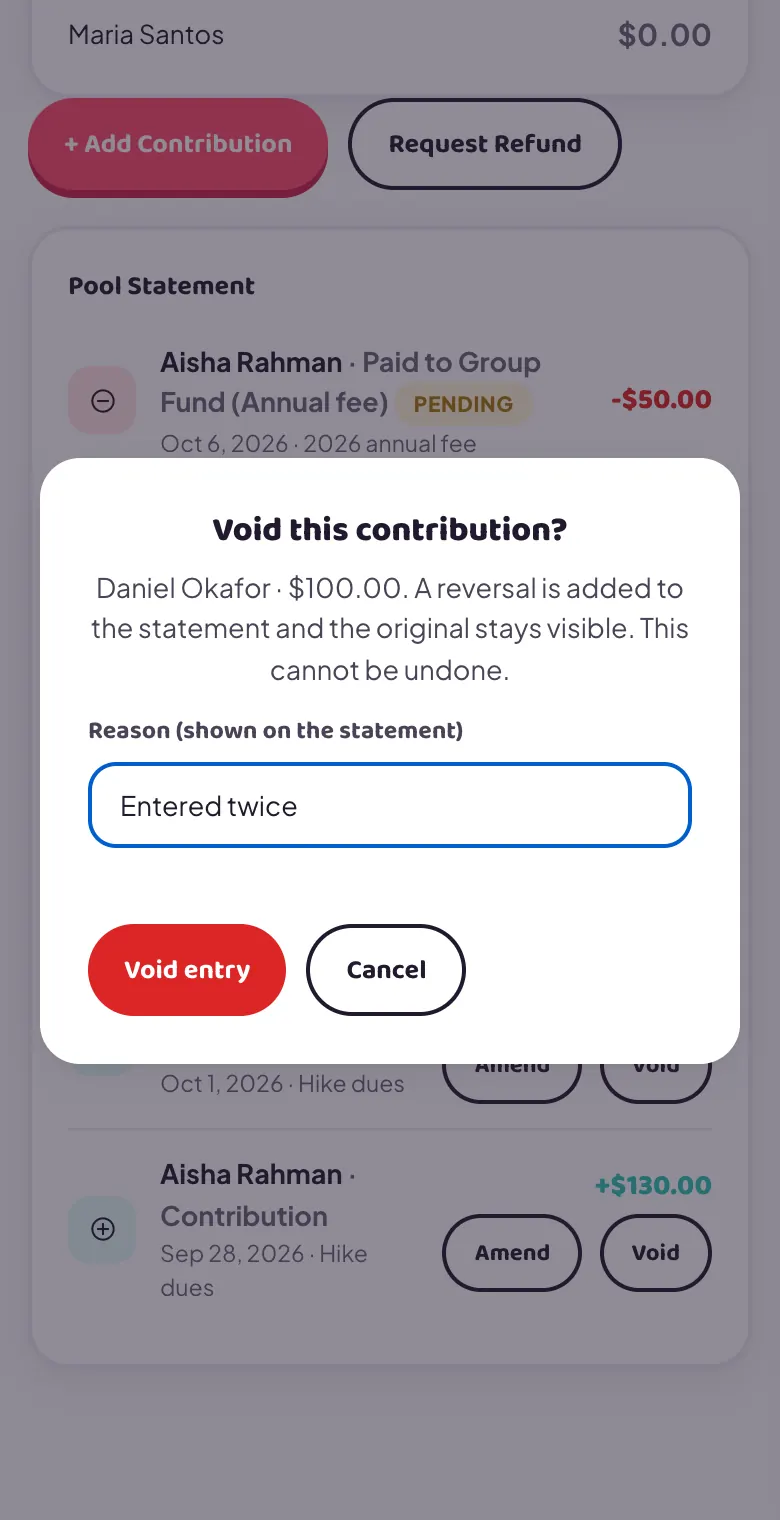 The Void this contribution popup asking for a reason, with Void entry and Cancel buttons